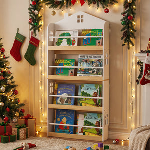 White house-shaped kids bookshelf with anti-falling baffles, perfect storage solution for children's books and toys.