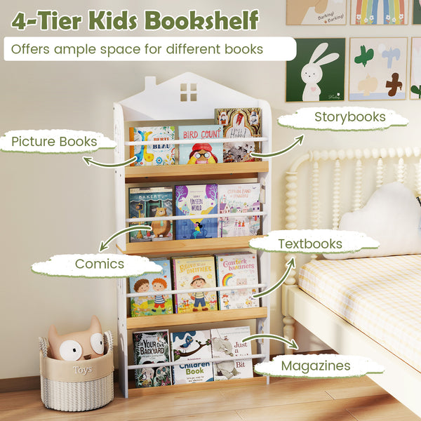 House-shaped kids bookshelf with anti-falling baffles in white, perfect for stylish storage solutions. Angle 7 view.