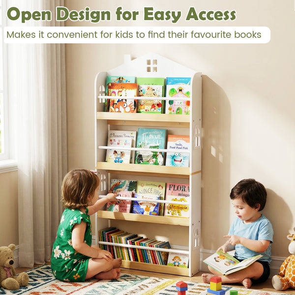 White house-shaped kids bookshelf with anti-falling baffles, perfect storage solution for children's books and toys.