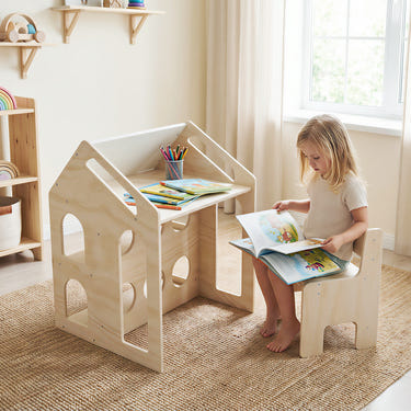 House-shaped Wooden Activity Kids Table Chair Set - Easy-Clean