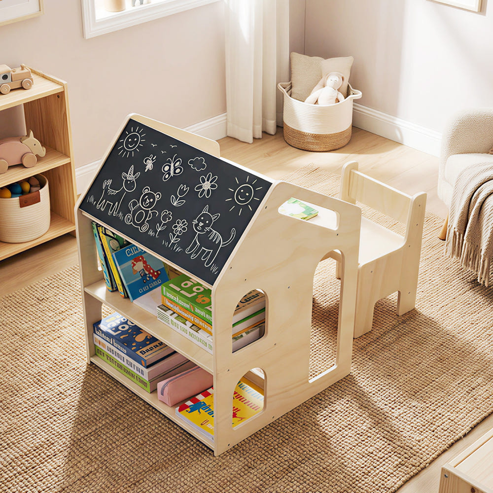 House-shaped Wooden Activity Kids Table Chair Set - Easy-Clean