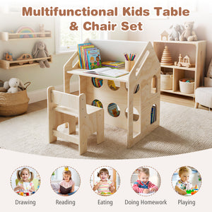 House-shaped Wooden Activity Kids Table Chair Set-Natural