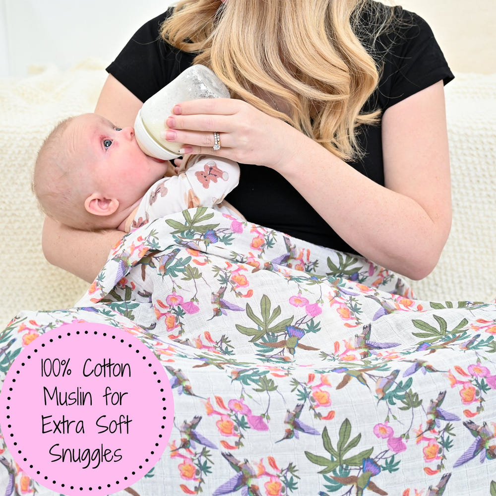 LollyBanks Hummingbird Muslin Swaddle Blanket, 100% Cotton, 47"x47", perfect for newborns.