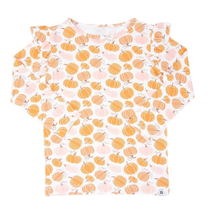Ruffle top in pumpkin color for babies, perfect for stylish and comfortable outfits.