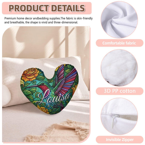 Personalized Hummingbird Heart Pillow | Custom Name Gift | Plush PP cotton filling