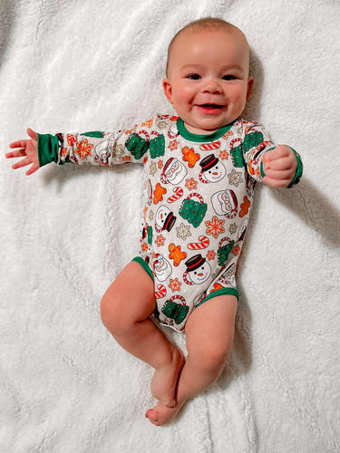 Cookies and candycane long sleeve leotard for babies, perfect for festive occasions and everyday wear.