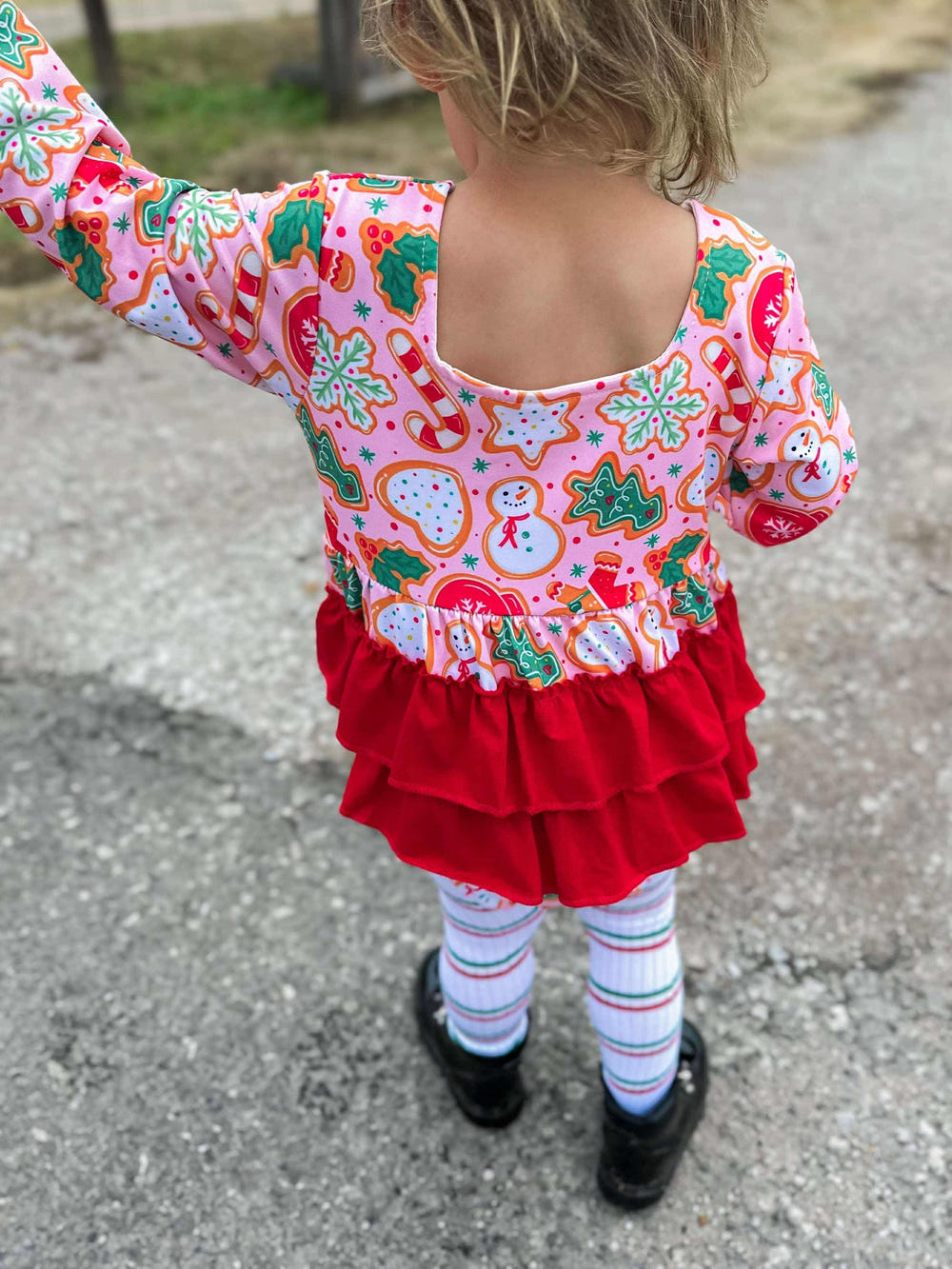 Christmas cookies ruffle romper for babies, perfect festive outfit for holiday celebrations.