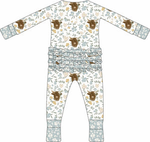 Max and Pippa - Bamboo Floral Highland Cow Zippie Convertible Pajamas