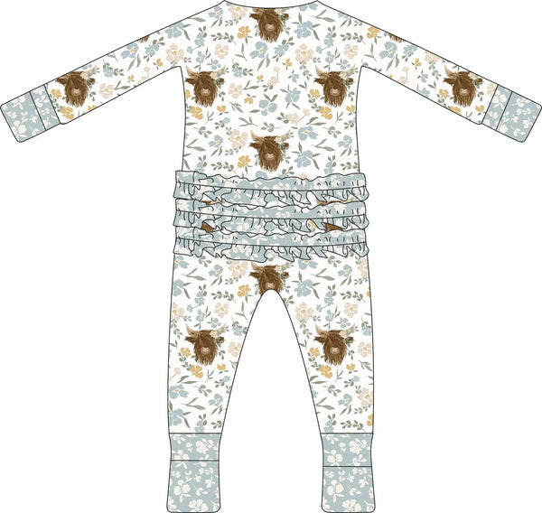 Max and Pippa - Bamboo Floral Highland Cow Zippie Convertible Pajamas