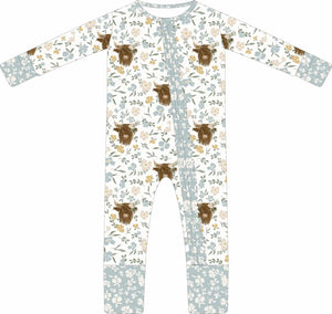 Max and Pippa - Bamboo Floral Highland Cow Zippie Convertible Pajamas