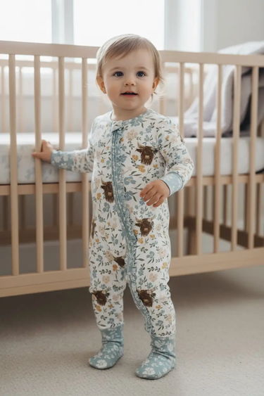 Max and Pippa - Bamboo Floral Highland Cow Zippie Convertible Pajamas