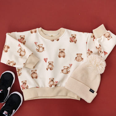 Teddy Bear Hearts Crewneck Sweatshirt for babies, cozy and stylish, perfect for nursery furniture decor.