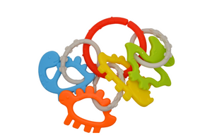 Colorful dinosaur linking rings teether for babies, promoting sensory play and fine motor skills. Angle 3 view.