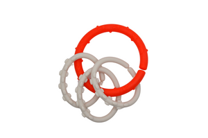 Colorful dinosaur linking rings teether for babies, promoting sensory play and development. Angle 4 view.