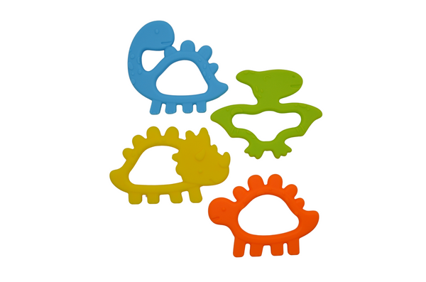 Colorful dinosaur linking rings teether for babies, promoting sensory play and motor skills development.