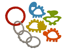 Colorful dinosaur linking rings teether for babies, promoting sensory play and soothing gums.