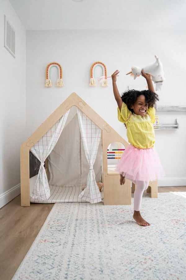 Colorful Flair Playhouse & Sensory Desk for indoor play, showcasing angle 3 view.