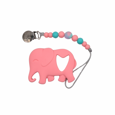 Pink elephant teether set for babies, perfect for soothing gums and playful teething relief.
