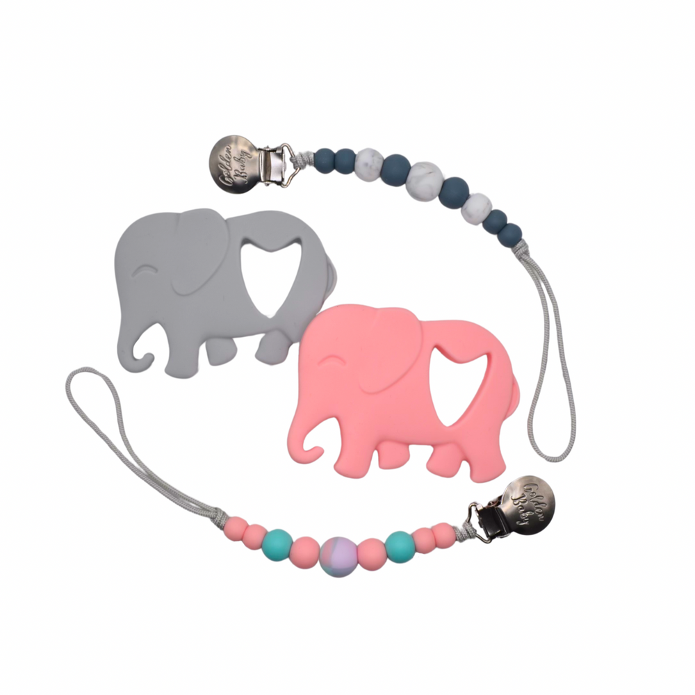 Grey elephant teether set for babies, perfect for soothing gums and promoting healthy teething.
