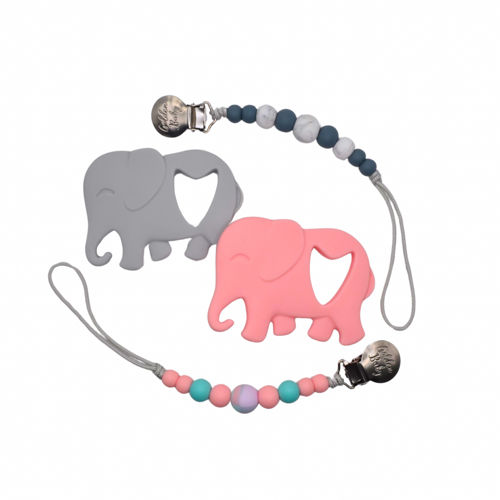 Pink elephant teether set for babies, perfect for soothing gums and playful teething relief.