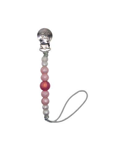 Pink Pearl Strand Clip pacifier holder for babies, stylish and functional accessory for keeping pacifiers close.