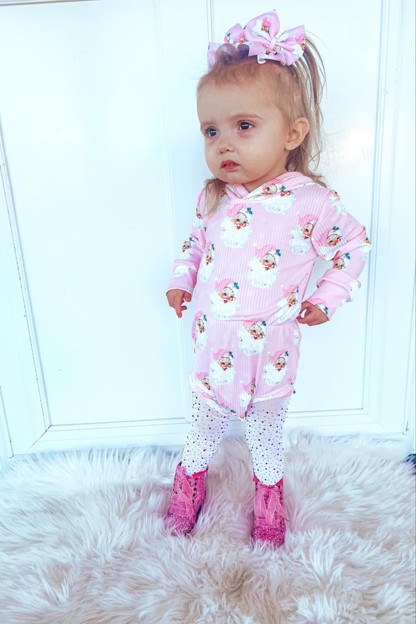 Pink Santa ribbed hooded romper for babies, perfect for cozy sleep and festive occasions. Angle 3 view.