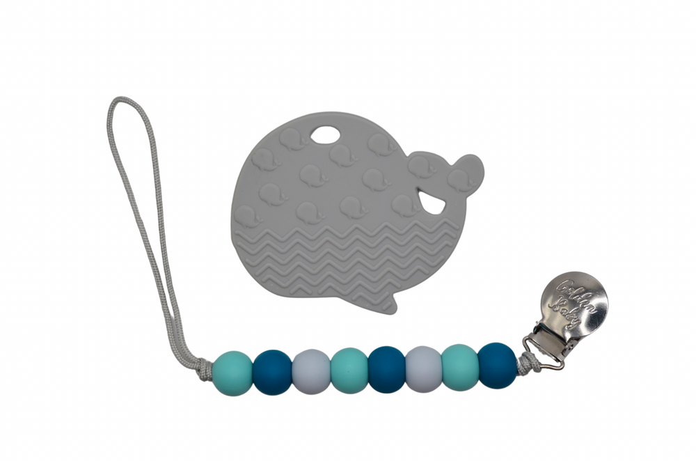 Whale Teether Set for babies, featuring soft, safe materials for soothing gums and playful design.