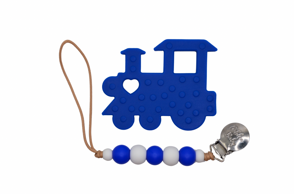 Colorful Train Teether Set for babies, designed for soothing gums and promoting sensory development.
