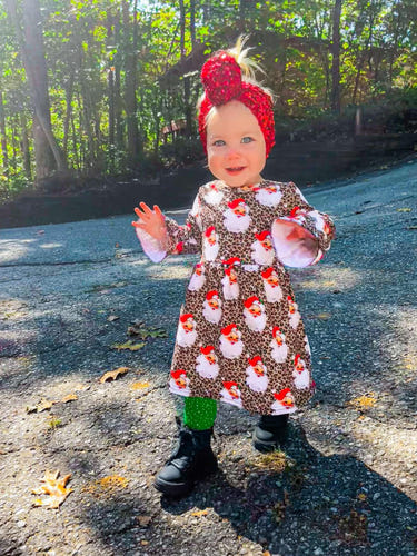 Leopard Santa bell sleeve dress for babies, perfect holiday outfit for festive occasions.