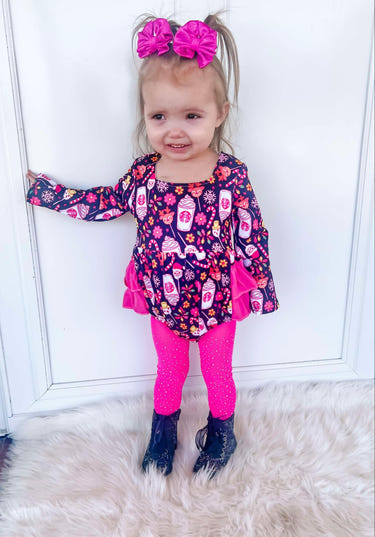 Pink Christmas coffee ruffle romper for babies, perfect festive outfit for holiday celebrations.