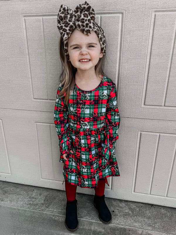 Leopard Plaid bell sleeve dress