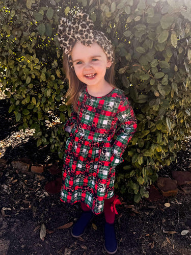 Leopard plaid bell sleeve dress for babies, stylish and comfortable clothing for little ones.