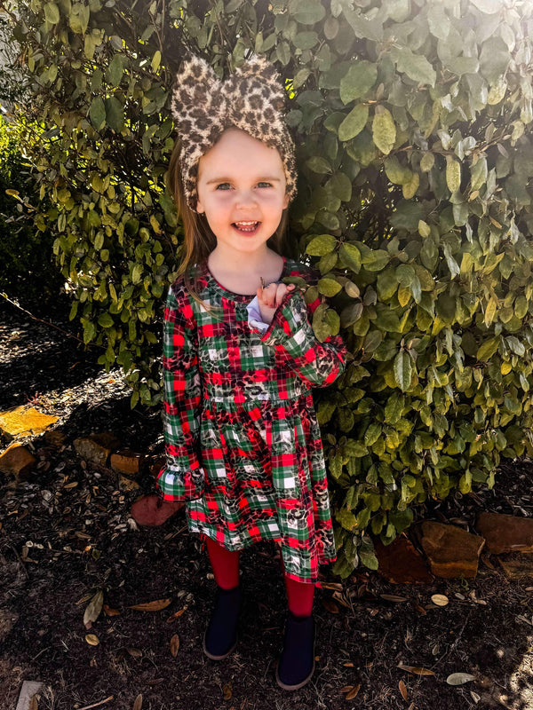 Leopard Plaid bell sleeve dress