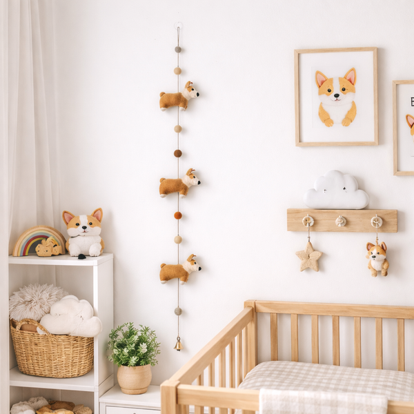 Felt corgi garland hanging near a shelf and crib, showing three corgi figures and pom poms