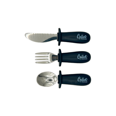 BLACKOUT Collection Silicone & Stainless Steel Toddler Utensil Set for easy and safe feeding. Perfect for little hands.