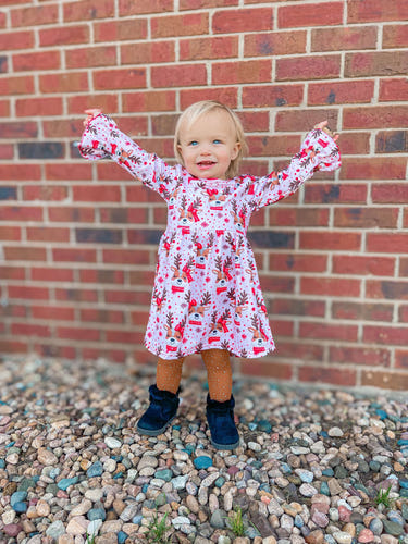 Reindeer bell sleeve dress for babies, perfect for festive occasions and holiday celebrations.