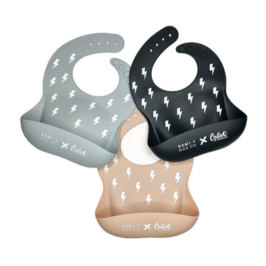 RRCO x C&F Bolt Catch All Silicone Bib for babies, featuring a fun design and easy-clean material.