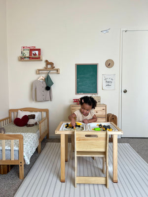 Cordia Wooden Kids Activity Table & Chair Set - Montessori-inspired for play and learning, shown from angle 6.