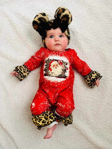 Bleached leopard Santa romper for babies, perfect for festive holiday outfits.