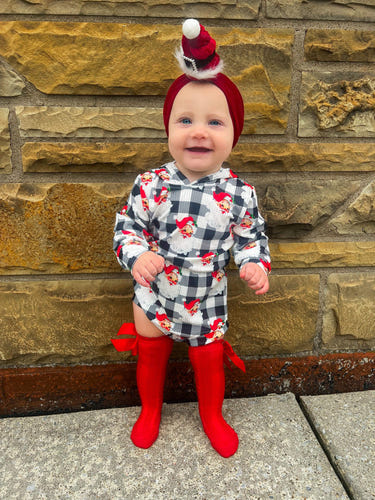 Checkered Santa ribbed hooded romper for babies, perfect for festive occasions and cozy comfort.