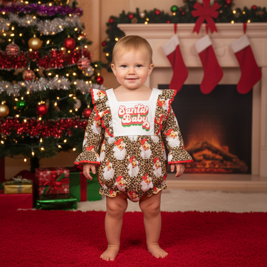 "Santa baby romper in festive red, perfect for holiday celebrations and adorable winter photos."