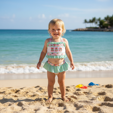 Two-piece strawberry swimsuit for babies, perfect for summer fun and playtime.