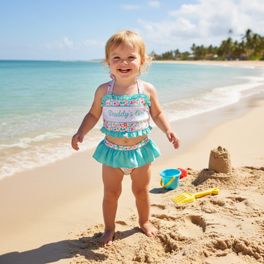 Daddy's girl summer leopard two-piece swimsuit for babies, perfect for sunny days at the beach or pool.