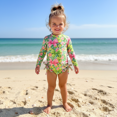 Tropical bows rash guard swimsuit for babies, perfect for sunny days at the beach or pool.