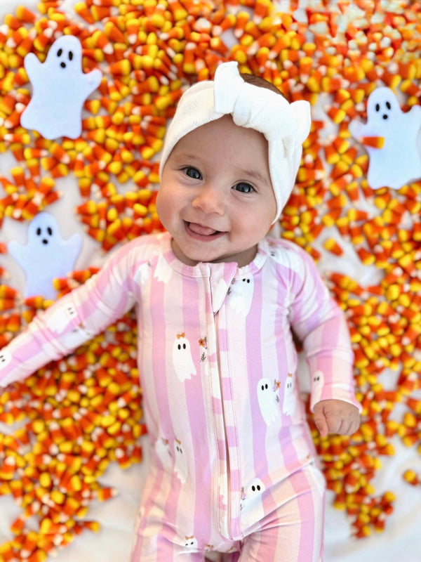 Be My Boo Halloween Bamboo Zippy Pajamas for babies, featuring a cute spooky design, perfect for Halloween comfort.