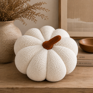 11” Jumbo Sherpa Ivory Pumpkin Pillow at an angle, perfect for cozy nursery decor and baby comfort.