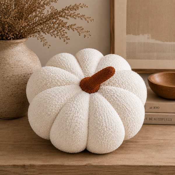 11” Jumbo Sherpa Ivory Pumpkin Pillow at an angle, perfect for cozy nursery decor and baby comfort.
