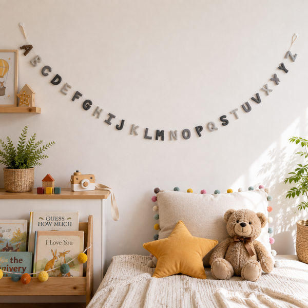 Neutral gray felt alphabet garland hung above a bed in a kids room with books and a teddy bear