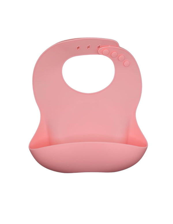 Silicone pocket bib in angle view, perfect for mess-free feeding and easy cleanup for babies.