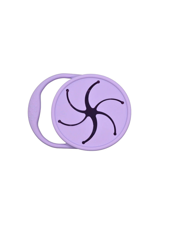 Silicone snack container for babies, featuring a secure lid and easy grip design, angled view showcasing its vibrant colors.